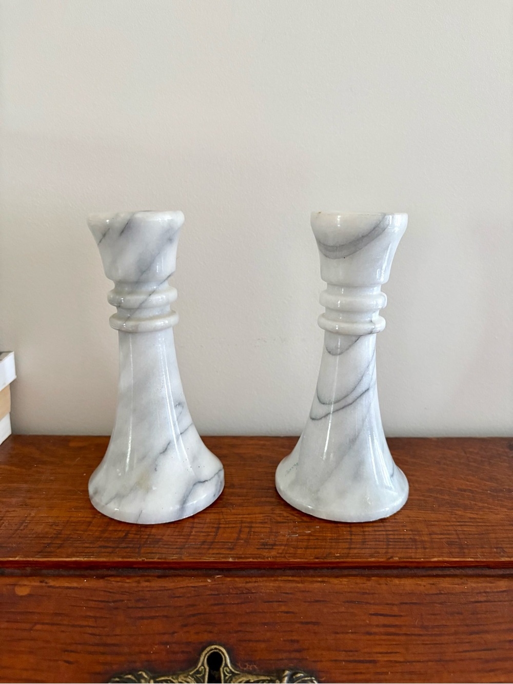 Vintage Marble-Pattern Ceramic Candlestick Pair - White Gray